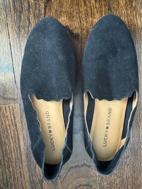 Women’s Lucky Brand Black Scalloped Suede Slip-Ons